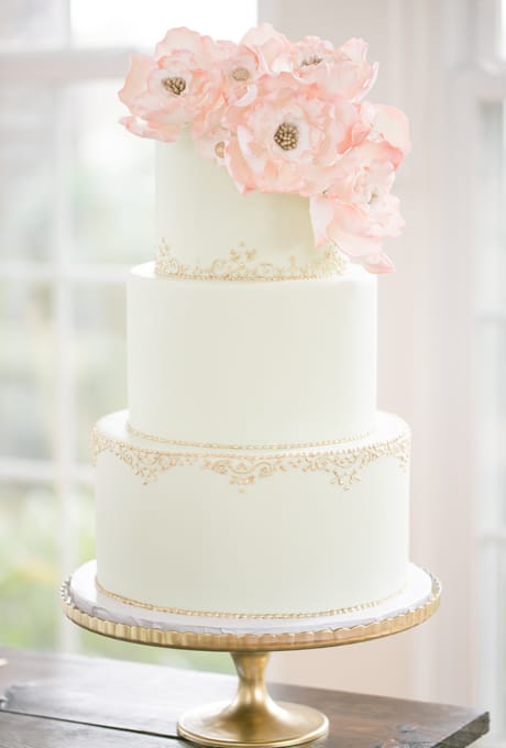 Metallic-Wedding-Cakes-Amalie-Orrange-Photography-pink-flowers.jpg